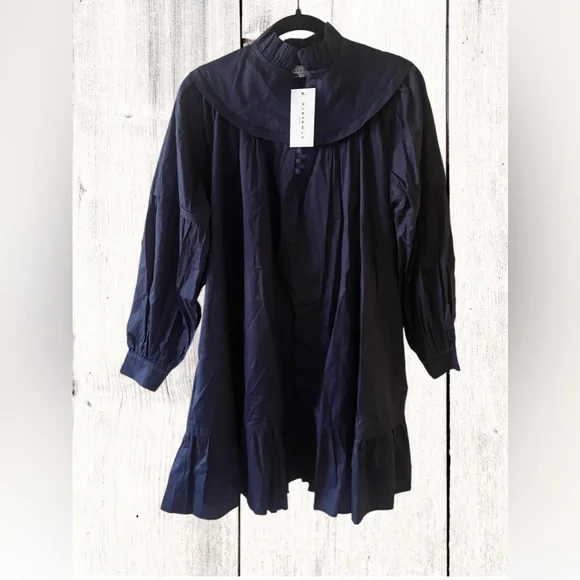 Harshman’s Fiona Cotton Dress Dark Navy Long Puff Sleeves Size Small NWT - Picture 2 of 7